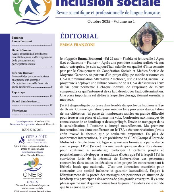 Revue N°13 INCLUSION SOCIALE – Revue scientifique et professionnelle en langue française ».